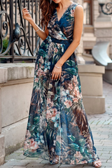 Mint Floral V Neck Slit Maxi Dress