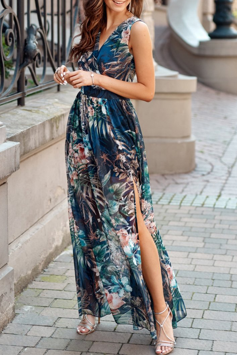 Mint Floral V Neck Slit Maxi Dress
