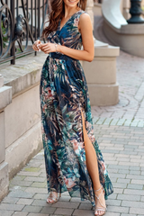 Mint Floral V Neck Slit Maxi Dress