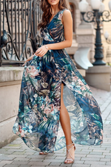 Mint Floral V Neck Slit Maxi Dress