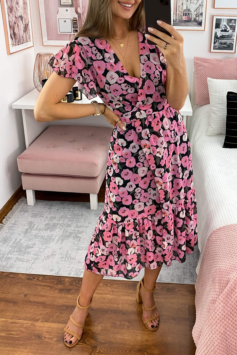 Fashion Print Flounce V Neck Cake Skirt Dresses