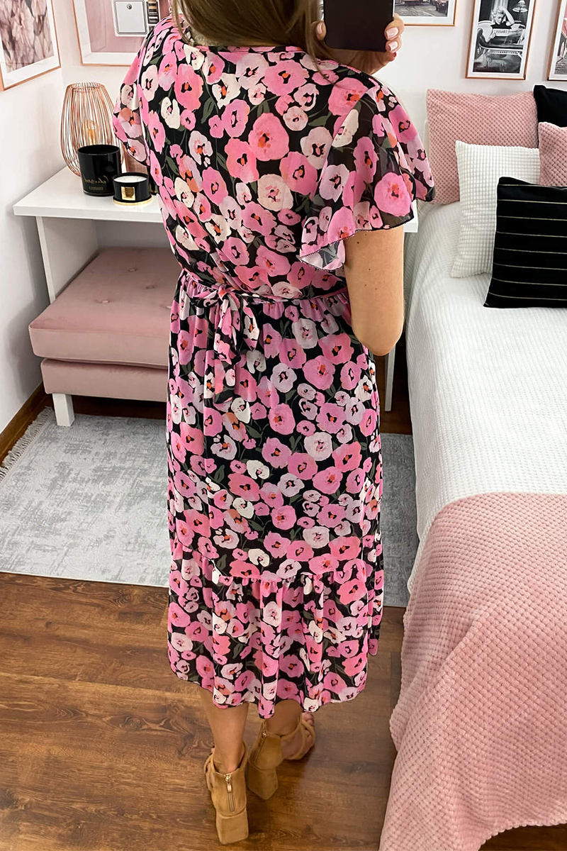 Fashion Print Flounce V Neck Cake Skirt Dresses
