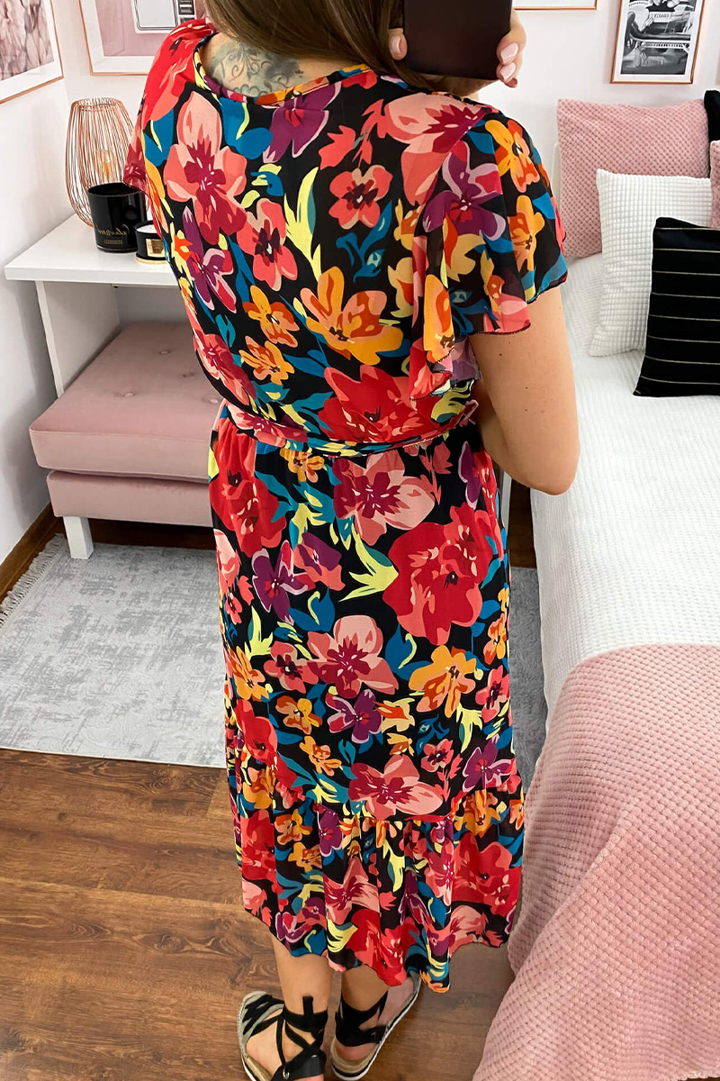 Fashion Print Flounce V Neck Cake Skirt Dresses