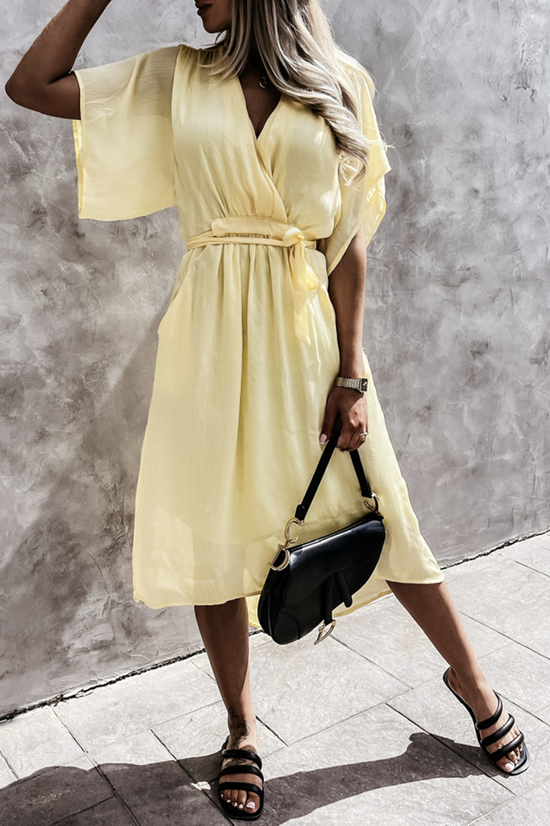 V Neck Bat Sleeve Midi Dress