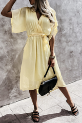 V Neck Bat Sleeve Midi Dress