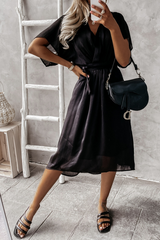 V Neck Bat Sleeve Midi Dress