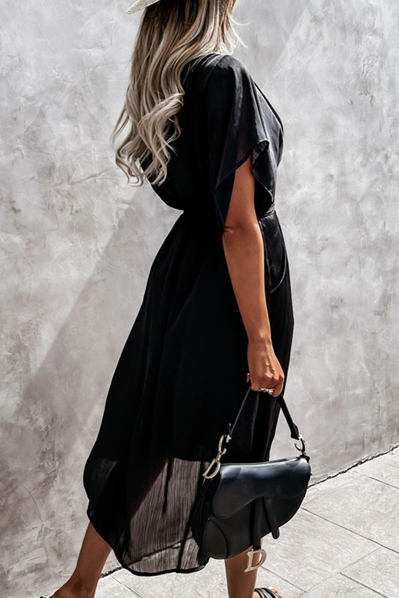 V Neck Bat Sleeve Midi Dress