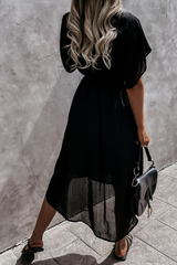 V Neck Bat Sleeve Midi Dress