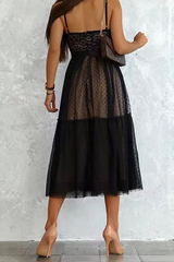 V Neck Polka Dot Lace Mesh Slip Dress