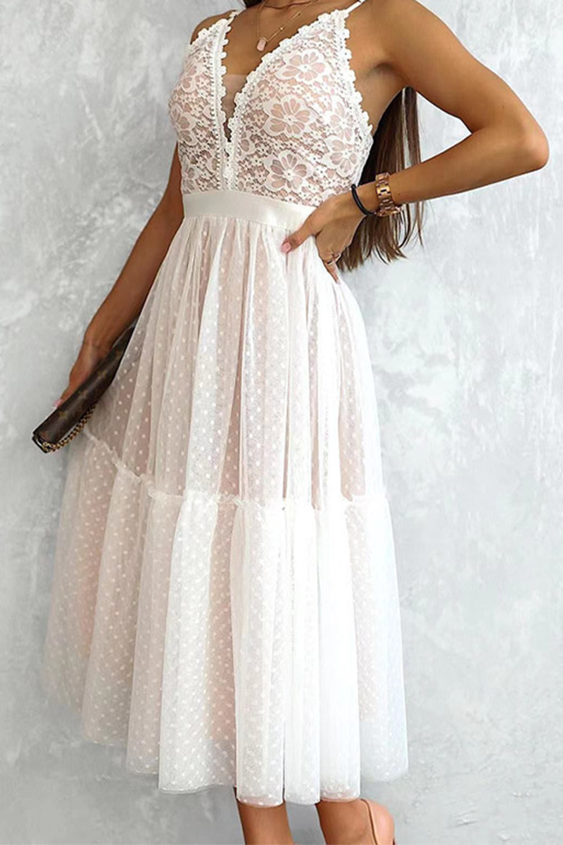 V Neck Polka Dot Lace Mesh Slip Dress