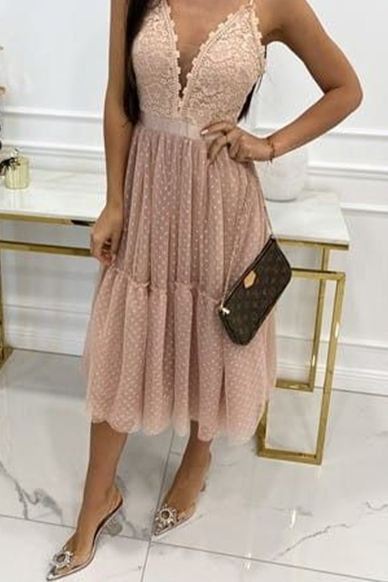 V Neck Polka Dot Lace Mesh Slip Dress
