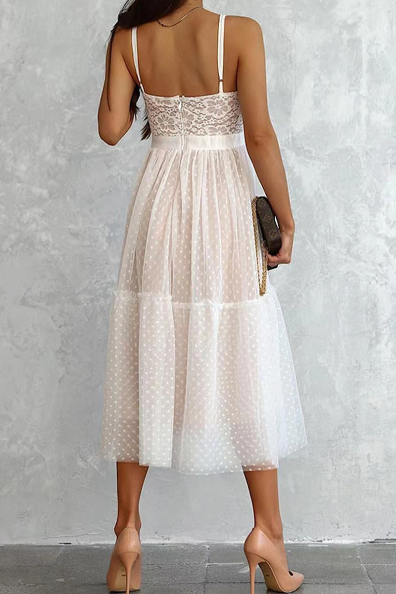 V Neck Polka Dot Lace Mesh Slip Dress