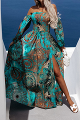 Print Off Shoulder Slit Maxi Dress