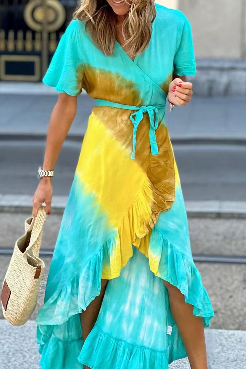 Print Ruffles Irregularity Wrap Maxi Dress