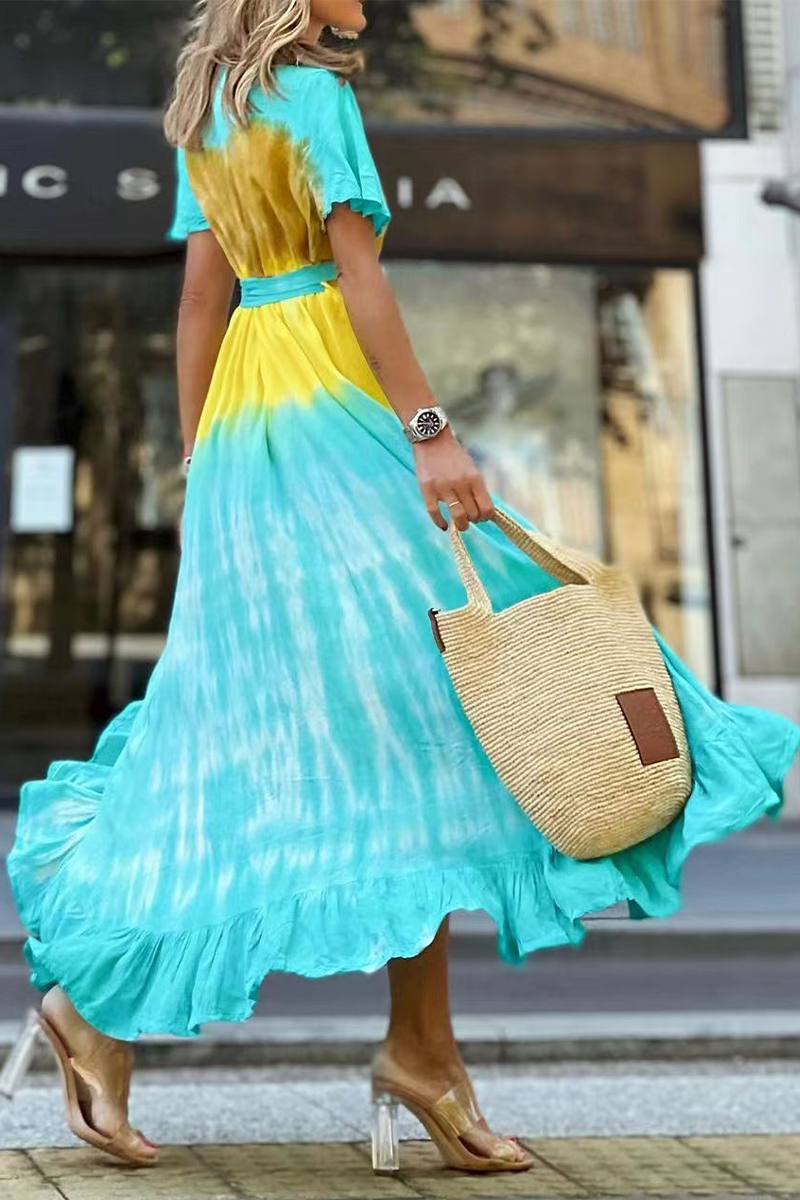 Print Ruffles Irregularity Wrap Maxi Dress