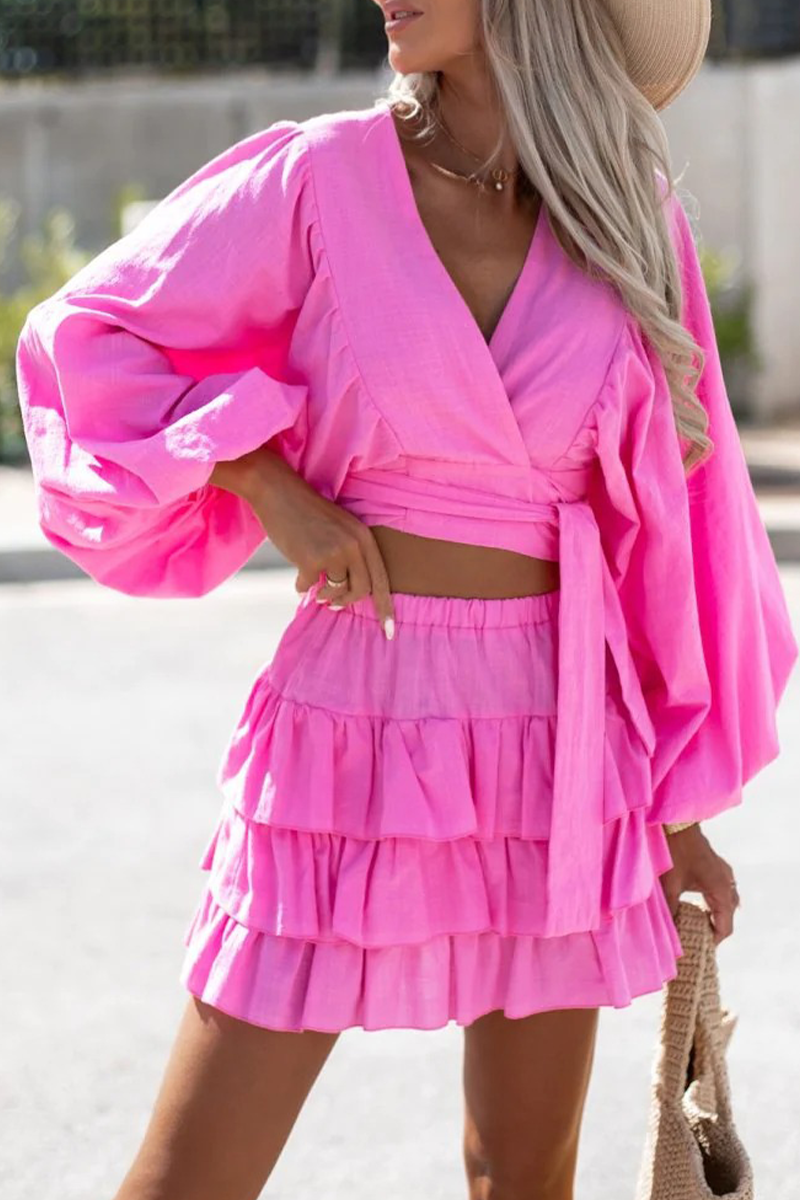 Casual Solid Flounce V Neck Long Sleeve Two Pieces(4 colors)