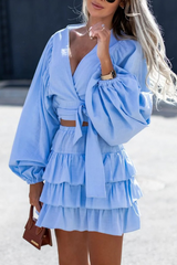 Casual Solid Flounce V Neck Long Sleeve Two Pieces(4 colors)