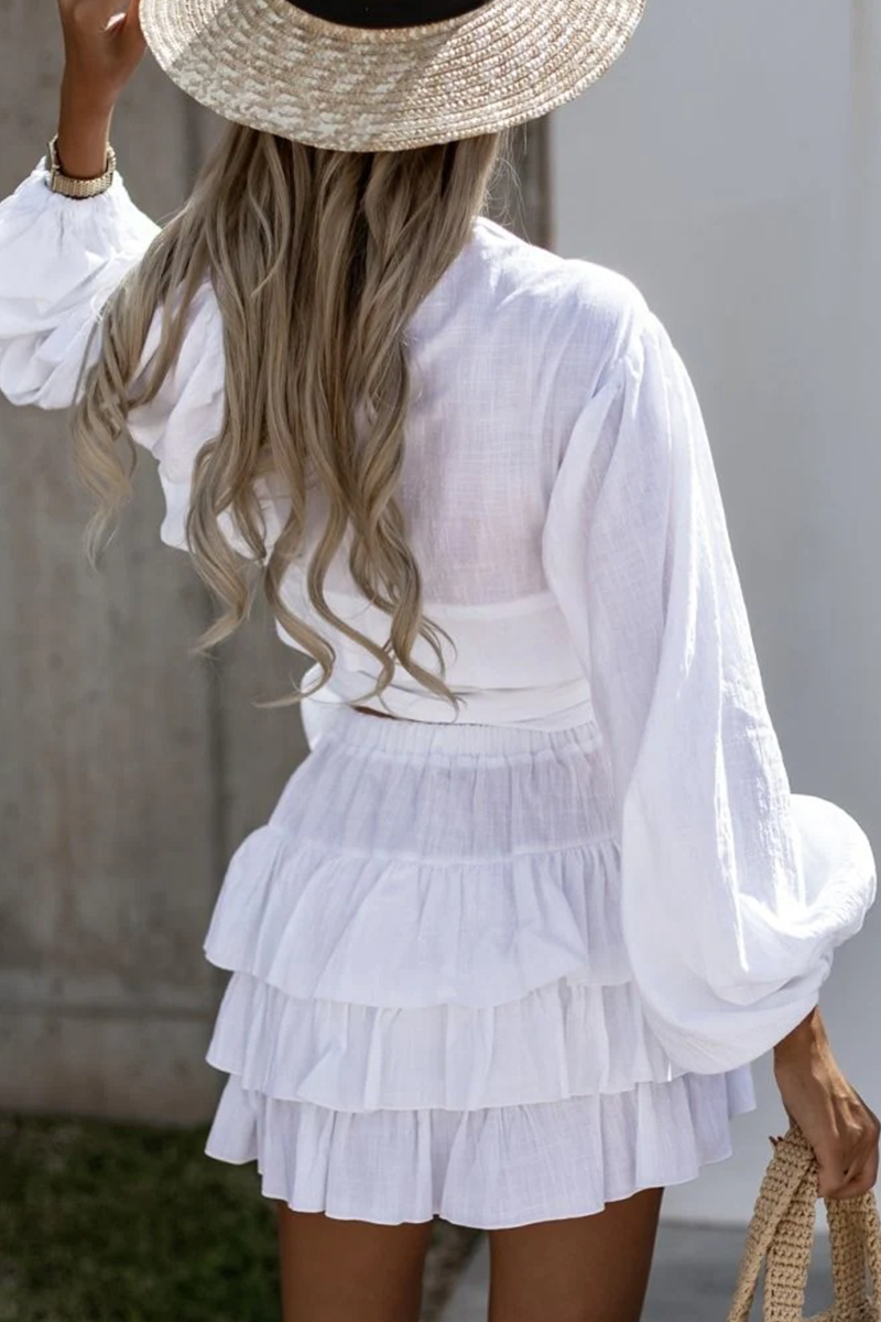 Casual Solid Flounce V Neck Long Sleeve Two Pieces(4 colors)