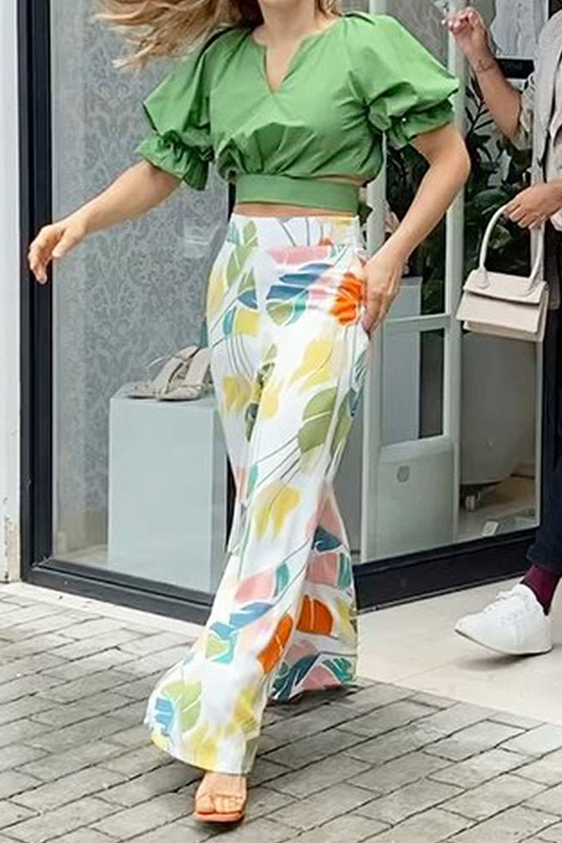 Fashion Print Patchwork Turndown Collar Short Sleeve Two Pieces