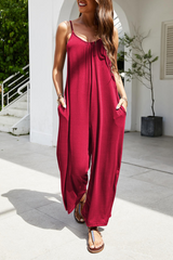 Casual Solid Patchwork Spaghetti Strap Loose Jumpsuits(3 colors)