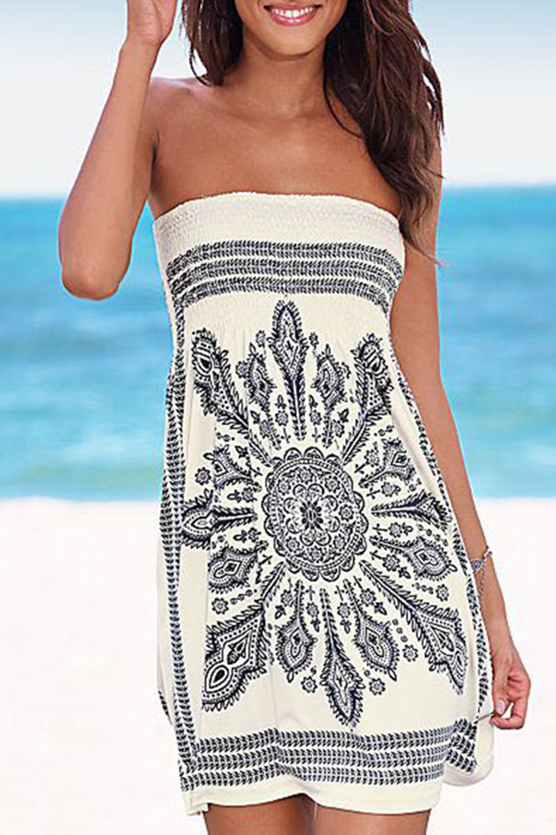 Vintage Print Patchwork Strapless Straight Dresses(5 colors)