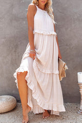 Vittoria Shirred Ruffle Tiered Maxi Halter Dress