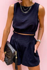 Daily Solid Solid Color O Neck Sleeveless Two Pieces
