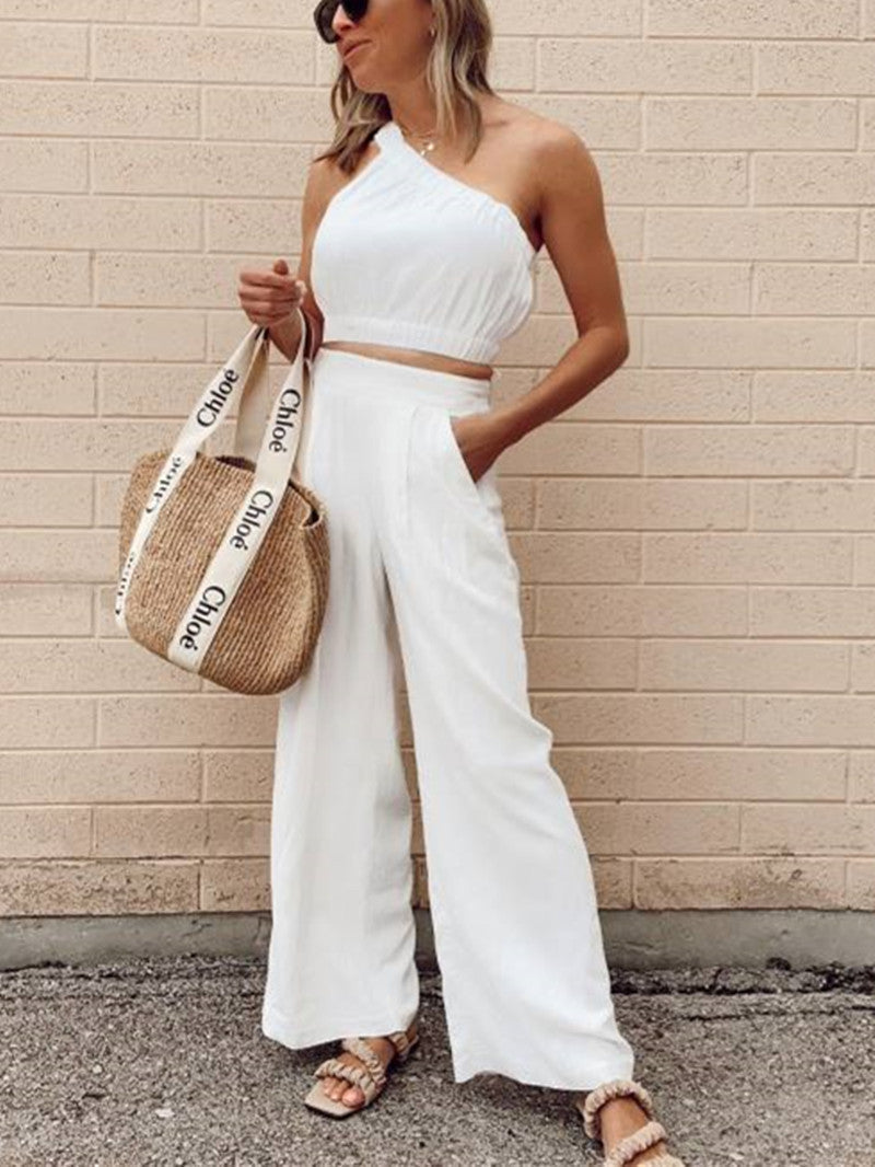 Casual Solid One Shoulder Two Pieces