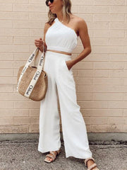 Casual Solid One Shoulder Two Pieces