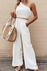 Casual Solid One Shoulder Two Pieces