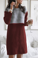 Fashion Patchwork Solid Patchwork O Neck Long Sleeve Dresses(5 colors)