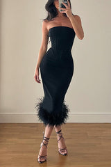 Fashion Celebrities Feathers Off the Shoulder One Step Skirt Dresses