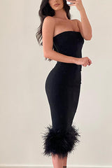Fashion Celebrities Feathers Off the Shoulder One Step Skirt Dresses