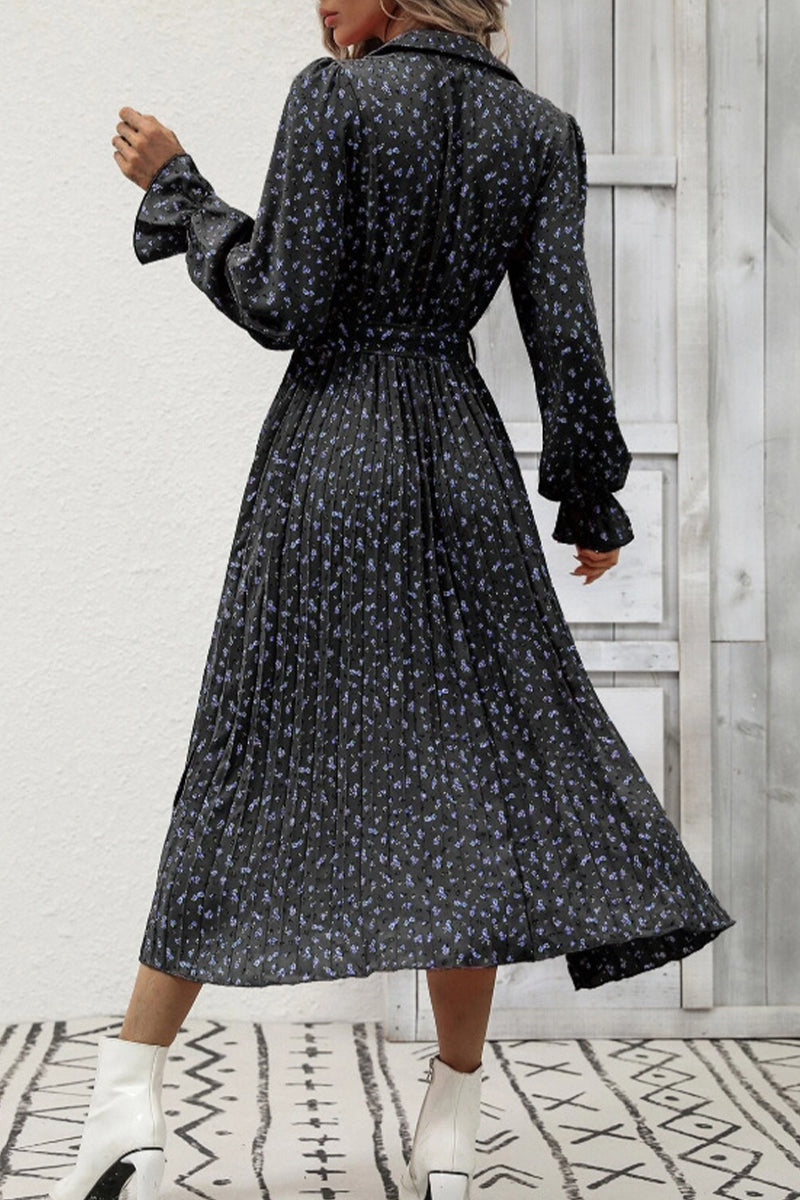 Elegant College Floral Fold POLO collar A Line Dresses