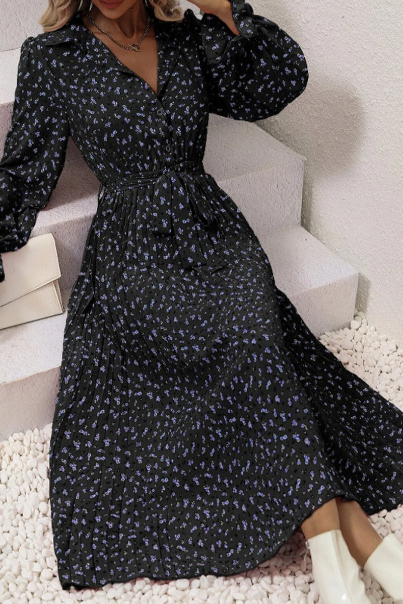 Elegant College Floral Fold POLO collar A Line Dresses