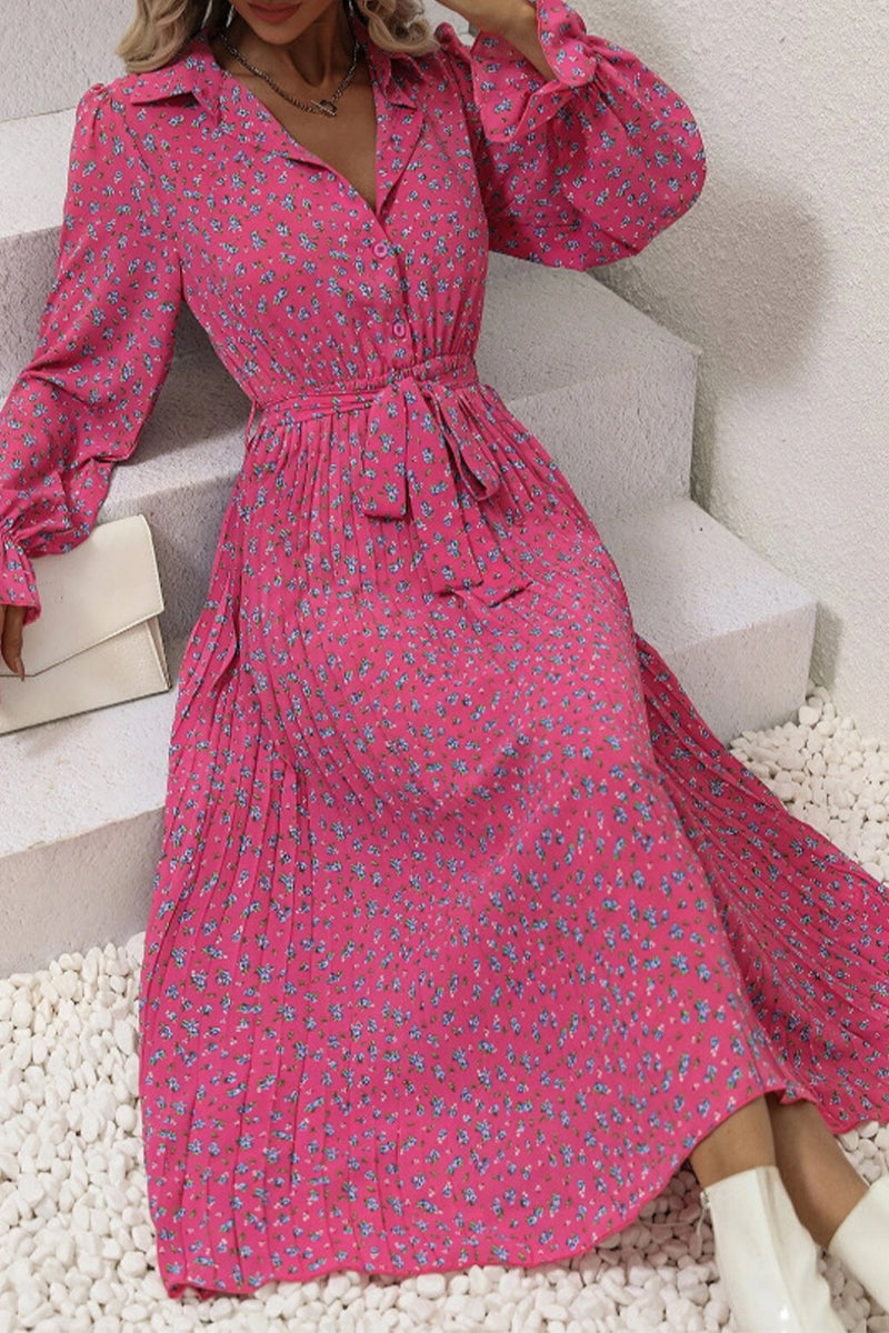 Elegant College Floral Fold POLO collar A Line Dresses