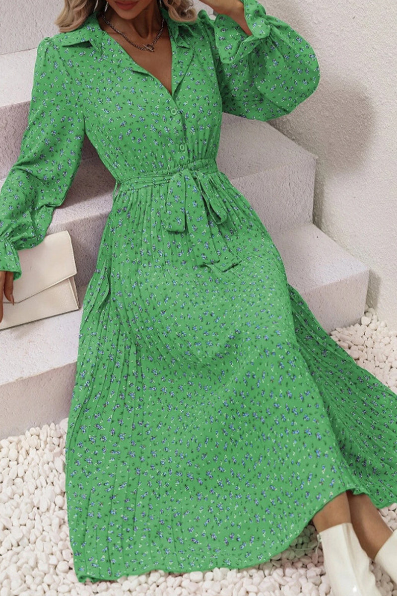 Elegant College Floral Fold POLO collar A Line Dresses