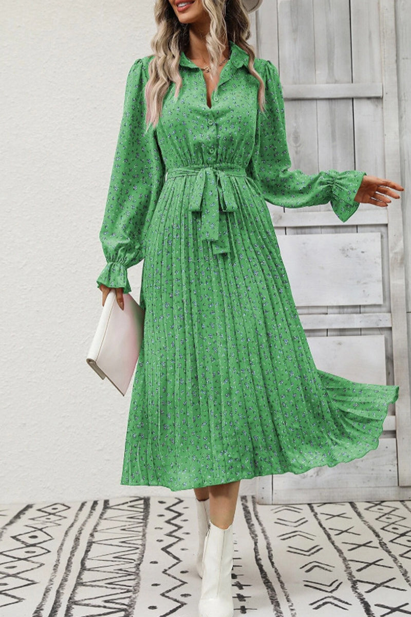 Elegant College Floral Fold POLO collar A Line Dresses