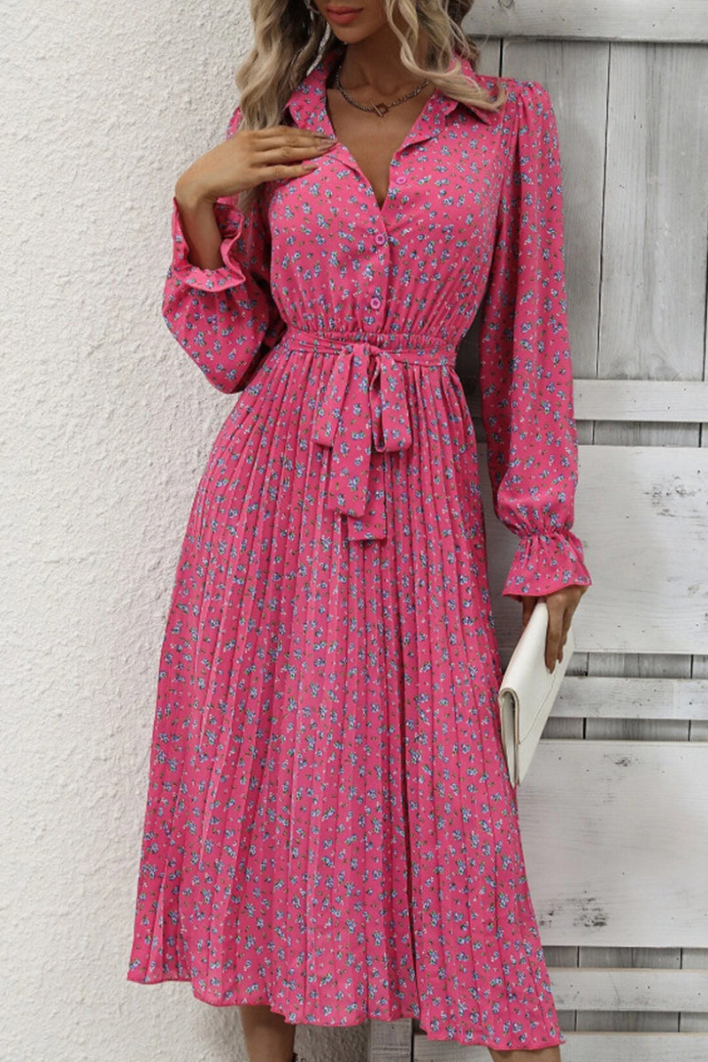 Elegant College Floral Fold POLO collar A Line Dresses