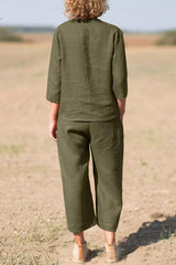 Casual Solid Pocket Buttons Solid Color O Neck Nine Points Sleeve Two Pieces