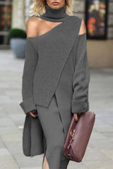 Casual Solid Asymmetrical Turtleneck Two Pieces