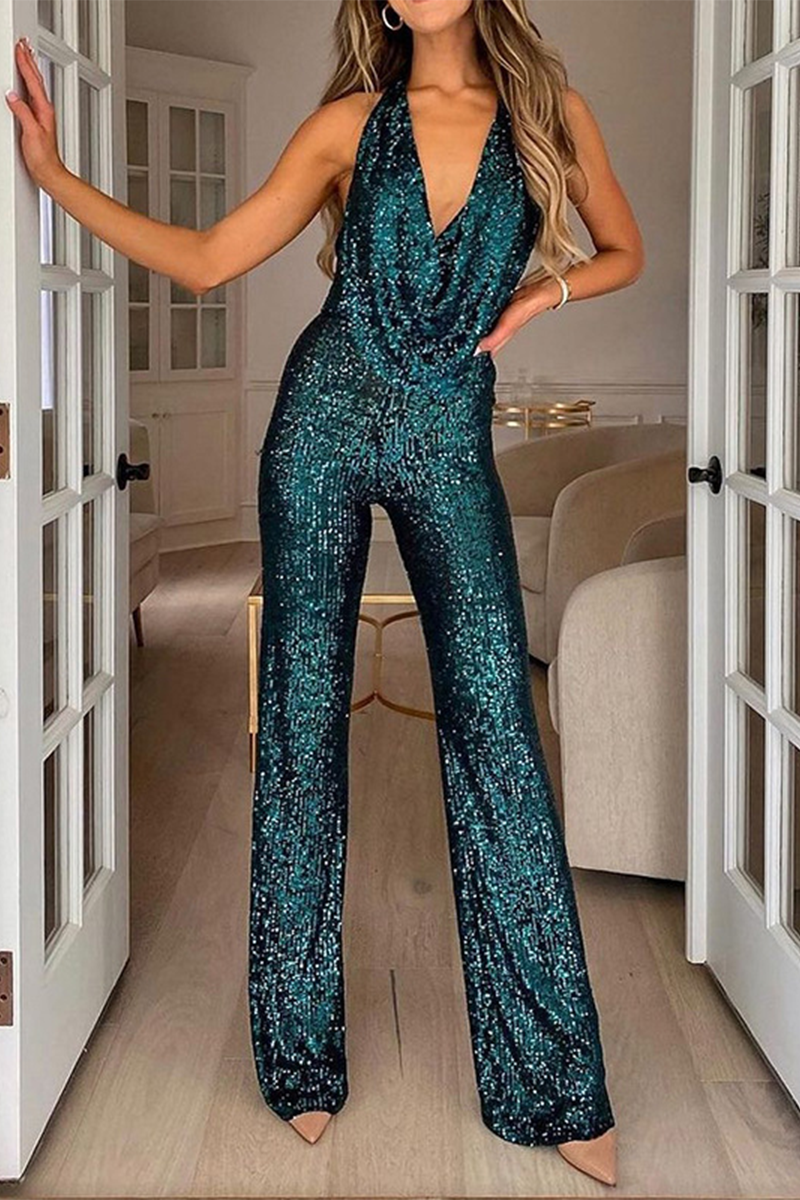 Daily Solid Sequins Halter Boot Cut Jumpsuits