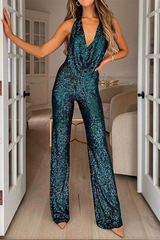 Daily Solid Sequins Halter Boot Cut Jumpsuits