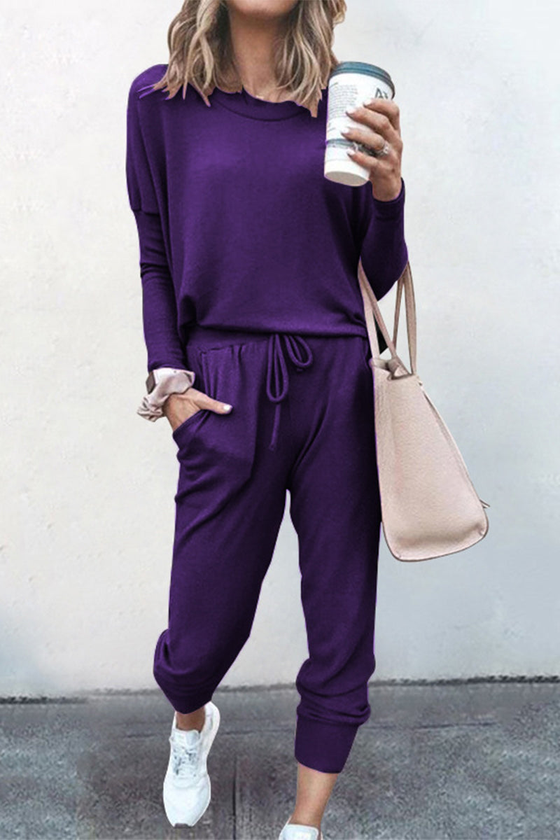 Casual Solid Asymmetrical Solid Color O Neck Long Sleeve Two Pieces