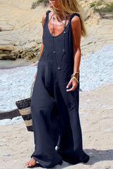 Casual Solid Patchwork V Neck Loose Jumpsuits