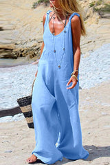 Casual Solid Patchwork V Neck Loose Jumpsuits
