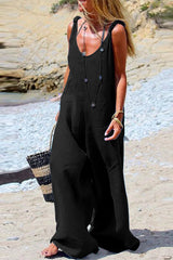 Casual Solid Patchwork V Neck Loose Jumpsuits