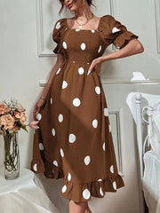 Women's Dresses Polka Dot Print Puff Sleeve Frill Midi Dress