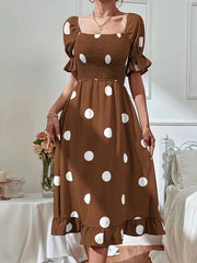 Women's Dresses Polka Dot Print Puff Sleeve Frill Midi Dress