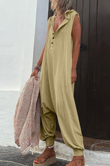 Casual Solid Buckle Hooded Collar Loose Jumpsuits
